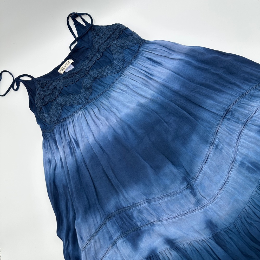 Billabong Womens M Blue Tie Dye Babydoll Dress Crochet Boho Festival Beach Mini